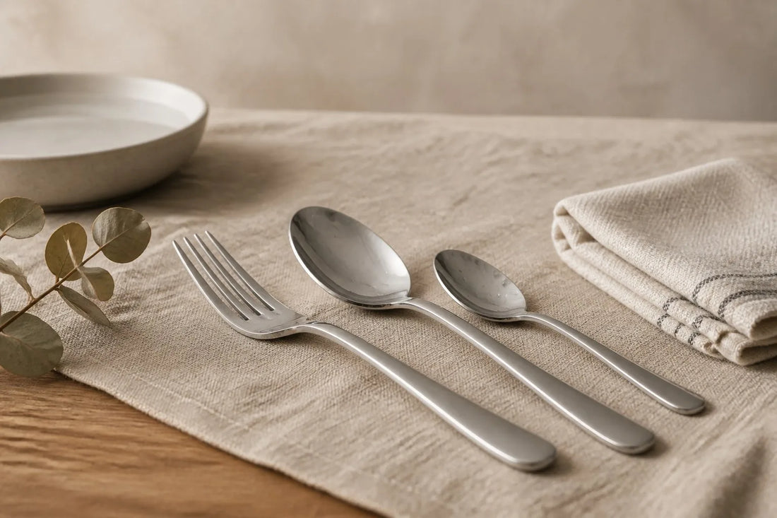 Polished stainless steel flatware resting on a linen cloth