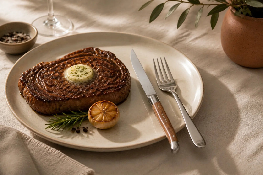 Wudengberg steak knife and fork with seared steak on plate