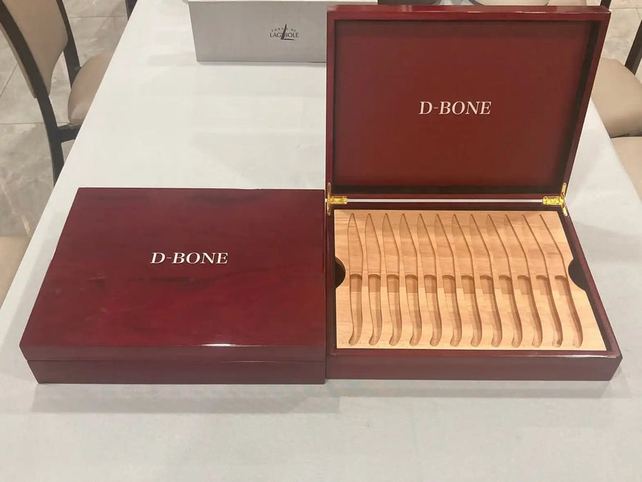 Custom wooden presentation box with fitted knife insert and D-BONE engraving