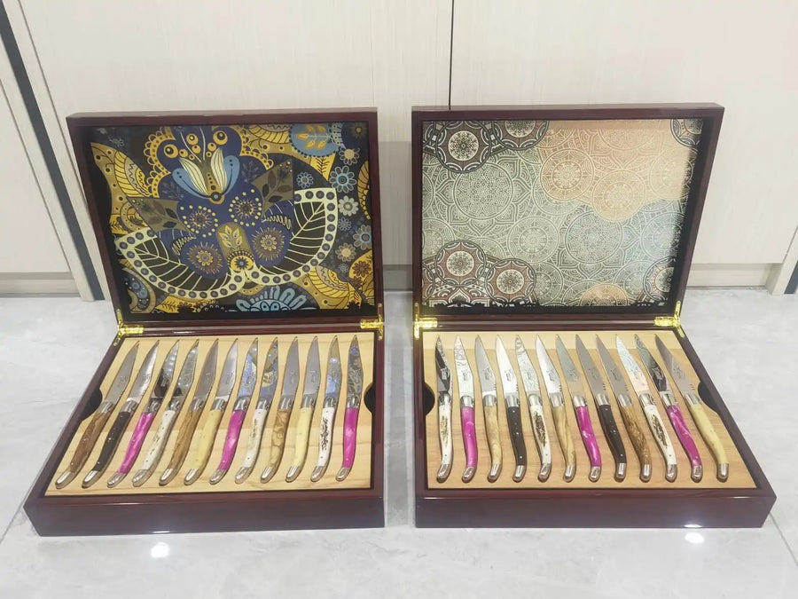 Two custom wooden steak knife presentation boxes with patterned linings